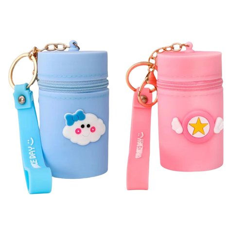CECKQUE Cute Mini Silicone Coin Pouch Keychain, Coin Purse, Portable Lip Gloss Pouch Bag, Lipstick Case, Chapstick Carrier Bag (Pink/Blue)