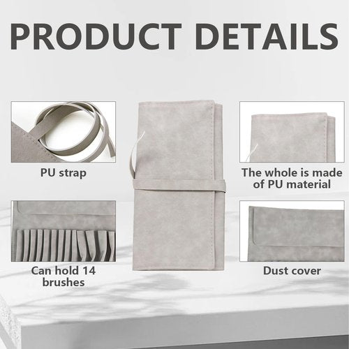 VASANA Gray Soft Makeup Brush Rolling Case Mini Cosmetic Brush Organizer Portable Roll Up Brush Holder Pouch Bag for Travel Business Trip 14 Pockets