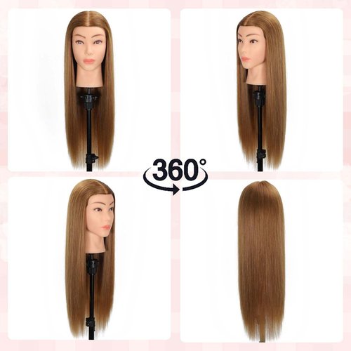 MQHIHI Mannequin Head Human Hair, 80% Real Hair Cosmetology Manikin Head for Practice Braiding Hairstyling Cutting with Free Clamp Holder and Tools (Light Brown)