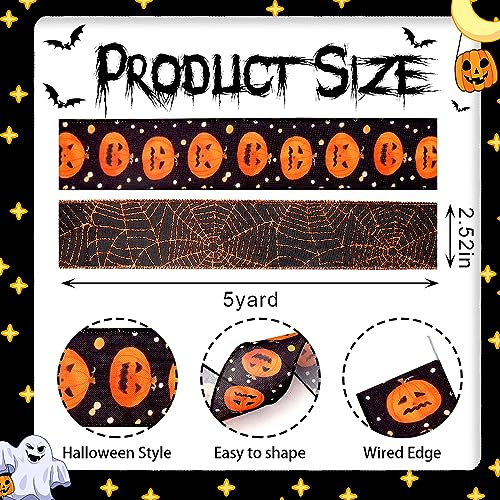 Halloween Fabric Ribbons with Spider Web Pumpkins Black & Gold Wired Decor Set - 5 Yards