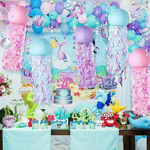 Mermaid Party Decorations Set with Jellyfish Paper Lanterns & Ocean Theme Swirls