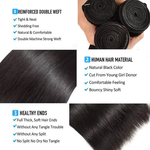 Straight Bundles Human Hair Brazilian Virgin Human Hair Bundles 12 12 12 Inch 100% Unprocessed Straight Hair Double Weft Deals Human Hair Extensions Natural Black
