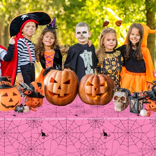 Pink Halloween Spider Web Tablecloths - 2 Pack, 108x54 Inch Disposable Plastic Decor