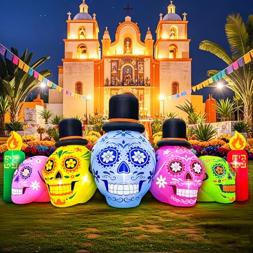 7FT Halloween Inflatable Skeleton Decor with LEDs - Dia de Los Muertos Skull - Outdoor Yard & Garden