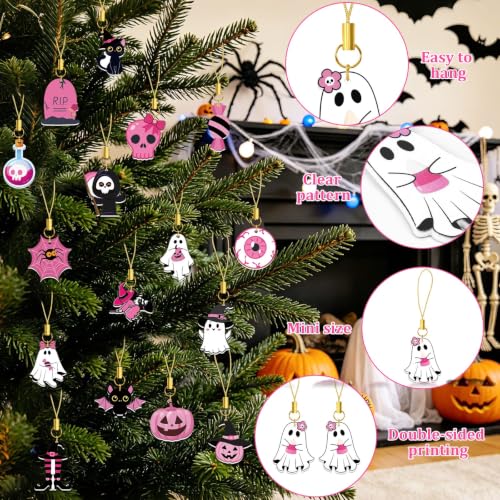 Pink Halloween Decorations Set - 36 Double-Sided Acrylic Hanging Ornaments with Gold Strings
