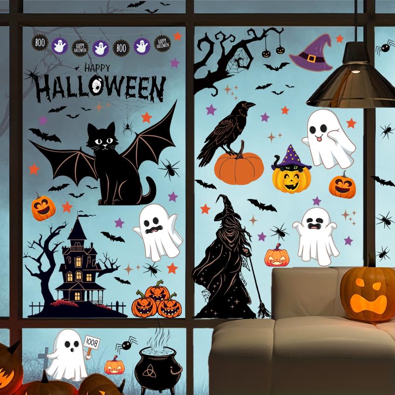 Halloween Window Stickers Set - Double-Sided PVC Decorations for Holiday Party