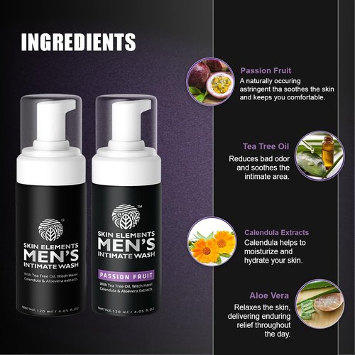 Skin Elements Men's Intimate Wash Combo | Pack of 2 | Jabon Intimo Hombre | Tea Tree Oil + Passion Fruit | pH Balanced Foaming Wash | Soothes, Refreshes & controls Bad Odor | (240 ml)
