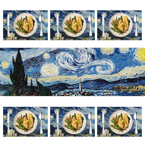 Van Gogh Starry Night Table Runner & Placemats Set - 1 Runner + 6 Mats - Art-Inspired Dining Decor - Variation of THISFIND 100 / Set of 6