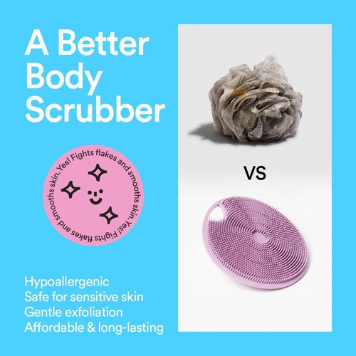 Boie USA Body Scrubber with Handle - Hygienic, Exfoliating Loofah Alternative - Feels Like Silicone Scrubber Gentle on Sensitive Skin, Hypoallergenic, BPA & Latex-Free, Made in the USA (Purple)