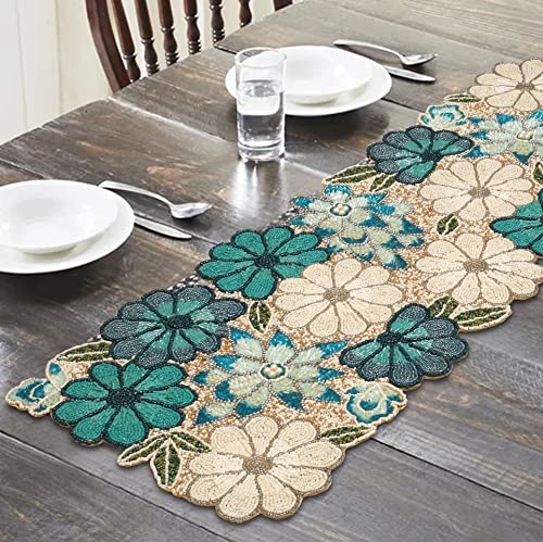 Christmas Beaded Table Runner 13x36 Inch - Teal Multi, Rustic Farmhouse Style