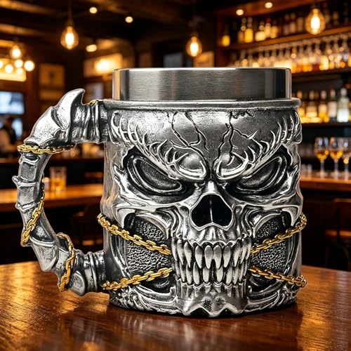 Silvery Skull Mug - 15.8oz Stainless Steel Drinkware with Resin Outer