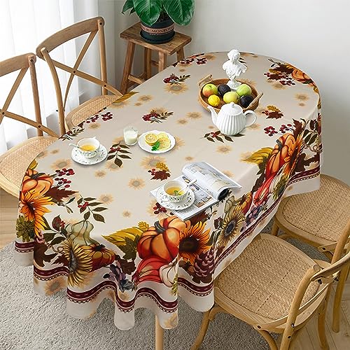 Pumpkin Sunflower Fall Thanksgiving Double Border Tablecloth - Oval 60 x 102 Inches