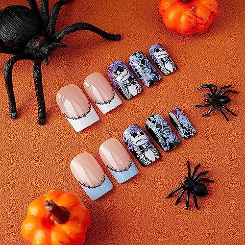 Halloween Press On Nails Medium Square with Spider Web Design - Style1, 24Pcs