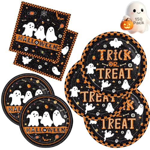 Halloween Party Supplies Set for 50 Guests - Ghost Themed Plates & Napkins