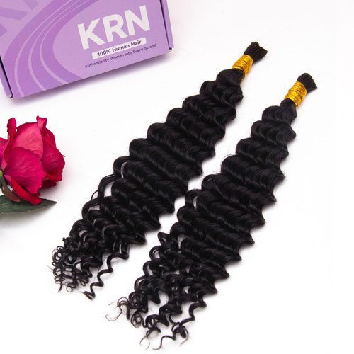 KRN Human Braiding Hair for Boho Braids, 100g/Pack (2 Bundles) Deep Wave Curly Bulk for Boho Braids No Weft 12A Grade Brazilian Virgin Hair Natural Color 16 Inch