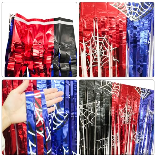 Spider Web Tinsel Fringe Curtains Set - Red Black Blue Metallic Party Backdrop & Photo Props