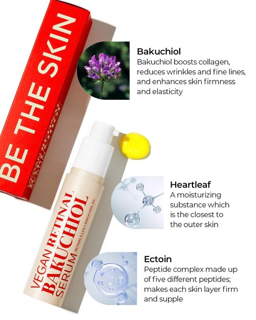 BE THE SKIN Vegan Retinal Bakuchiol Serum - Retinal 1120ppm + Bakuchiol 20000ppm, 5 Peptides & Ceramides, Helps Smooth Look of Fine Lines & Pores | Korean Anti-Aging Night Serum 0.68 oz