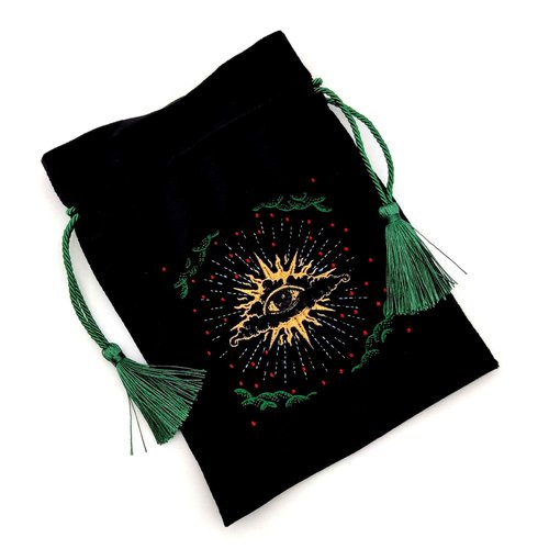 La Muci Black Velvet Pouch for Tarot Decks, Oracle Cards and Crystals, Embroidered Mystical Makeup Bag, Soft Velvet Cosmetic Pouch, Travel Organizer Storage Bag with Tassel
