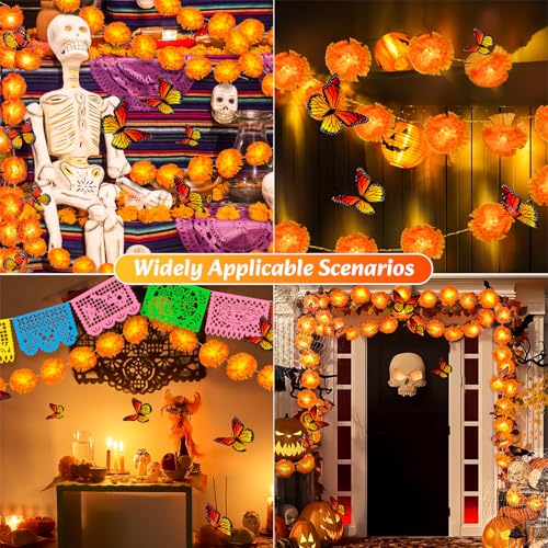Artificial Marigold Garland Set with Lights for Dia de Los Muertos & Diwali Decorations - 40Ft, 80 Lights, Butterfly & Papel Picado