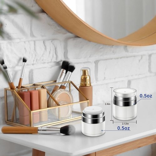 2 Pcs Airless Pump Jar, Refillable Cream Jar Vacuum Bottle Travel Size Empty Container for Cream and Lotion (2 x 0.5oz)