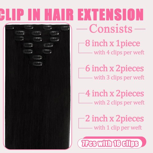Clip in Hair Extensions, 7Pcs 18 Inch Straight Human Hair Extensions, #1 Jet Black Extensions Real Human Hair, 95g Double Weft Invisible Seamless Real Hair Extensions Clip in Human Hair