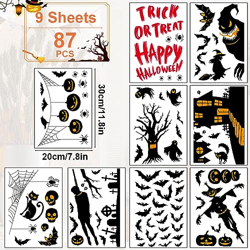 Halloween Window Decoration A - 9 Sheets 87pcs Static Stickers Pumpkin Bat Spider