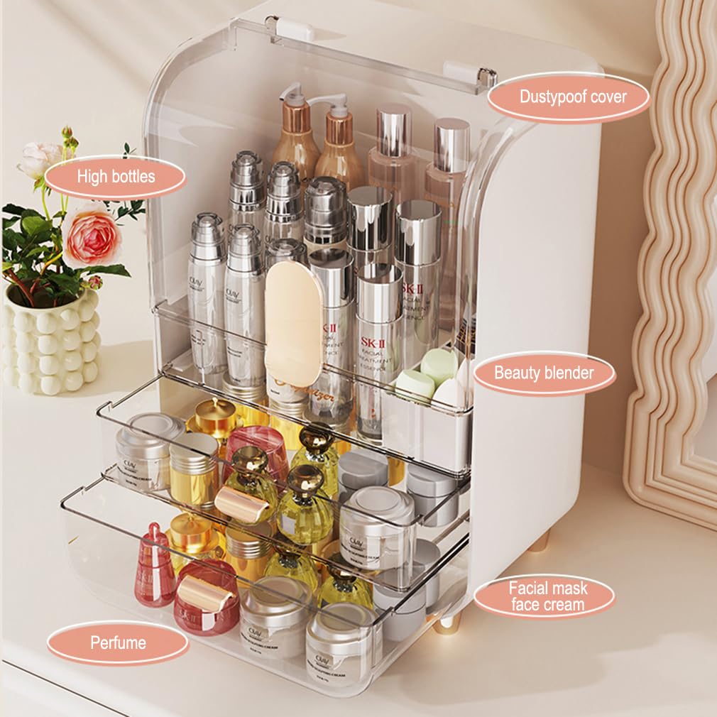 Wi4you Makeup Organizer for Vanity, Large Capacity Cosmetic Organizer Trendy Stuff, Clear Cosmetic Display Case with Flip-top Lid and 2-Tier Drawer for Bathroom Countertop, Bedroom Dresser (White)