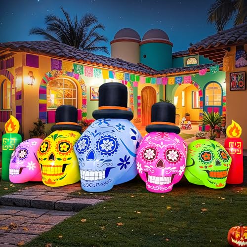 7FT Halloween Inflatable Skeleton Decor with LEDs - Dia de Los Muertos Skull - Outdoor Yard & Garden