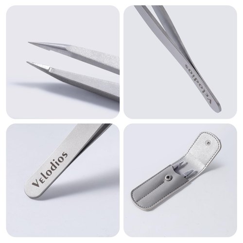 Velodios Tweezers for Eyebrows, Pointed TipTweezers for Women Facial Hair, Ingrown Hair Removal, Slanted and Pointed Tip Tweezers Set with PU Travel Case (Slant & Pointed Tweezers Set)
