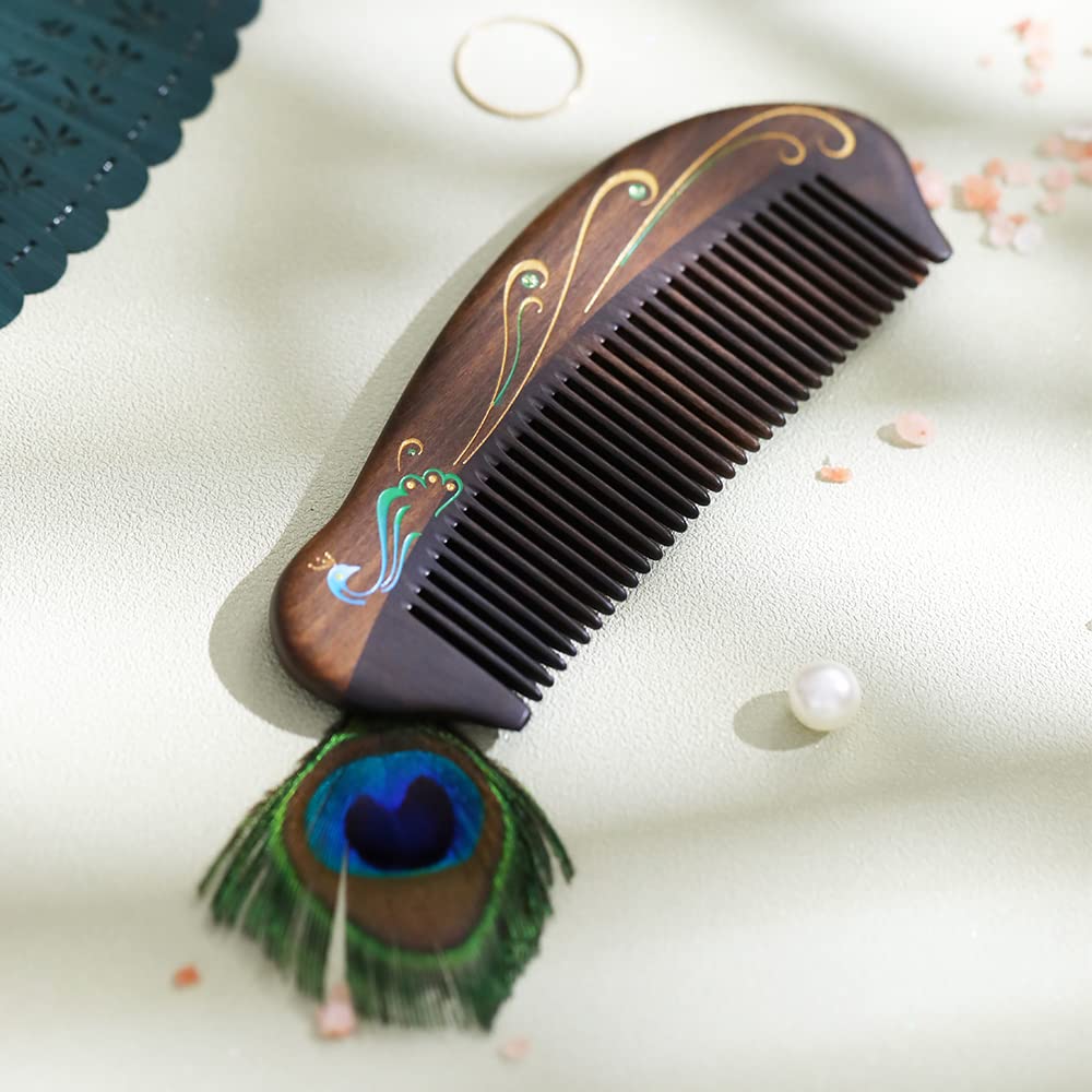 TAN MUJIANG Anti-Static Hair Comb - 5.12" Detangling Fine Tooth Wooden Comb for Women & Girls