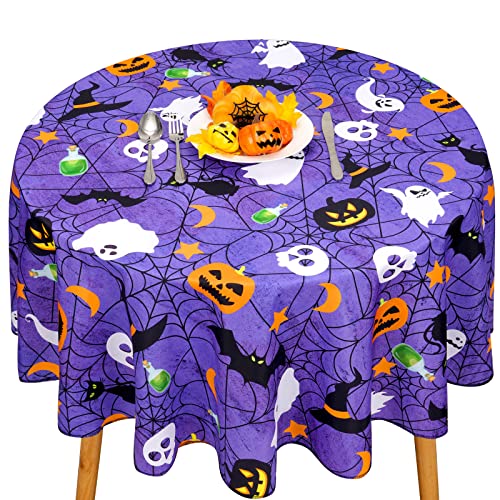 Halloween Purple Spider Web Tablecloth - Round 60 Inch Waterproof Decor
