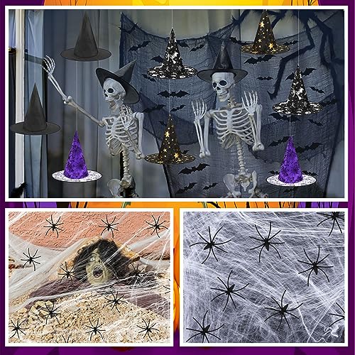 Halloween Witch Hat Decorations Set - 16 Hats 36 Bats 30 Spiders for Spooky Party Decor