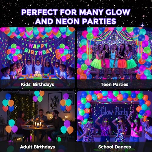 Neon Glow Balloons Set - 50pcs 12 Inch Fluorescent UV Party Decorations - Medium Variation