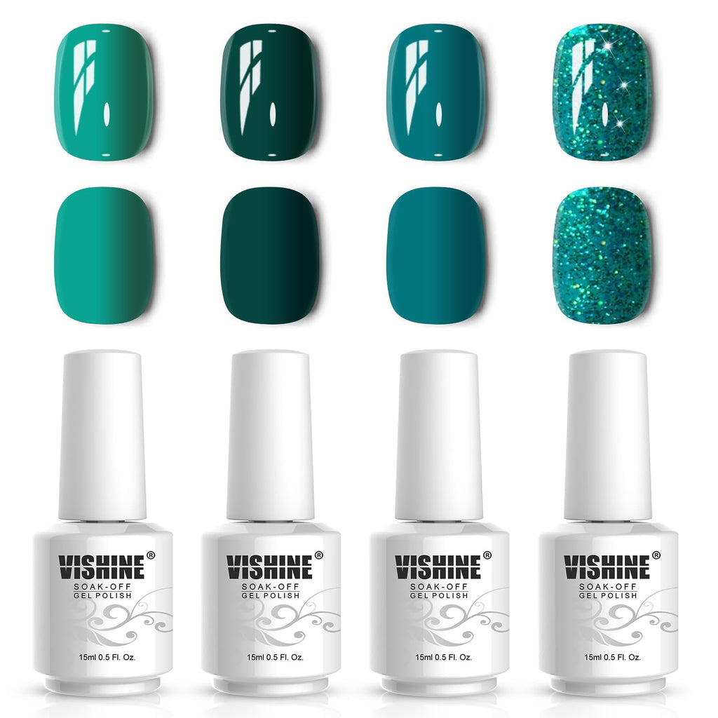 Vishine 4 Colors Green Teal Gel Nail Polish Kit 15ml, Glitter Green Sparkle Gel Nail Polish Set, Drak Green Gel Polish Nail Art Home DIY Salon