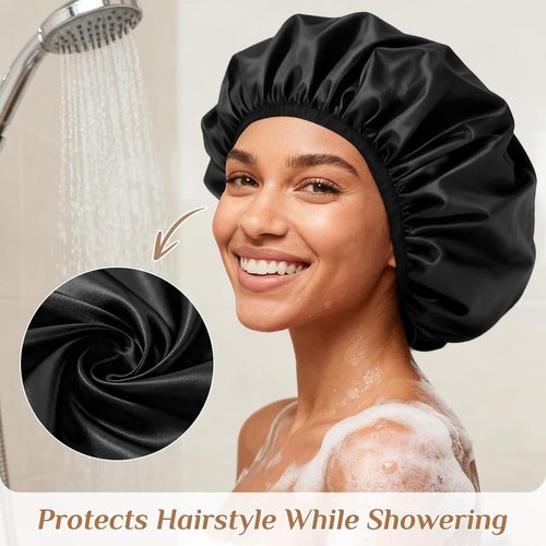 Extra Large Waterproof Shower Cap for Women, Double Layer Satin Lined Hair Bonnet for Curly Hair, Reusable Bath Cap with Elastic Edge for Long Thick Hair (Black)