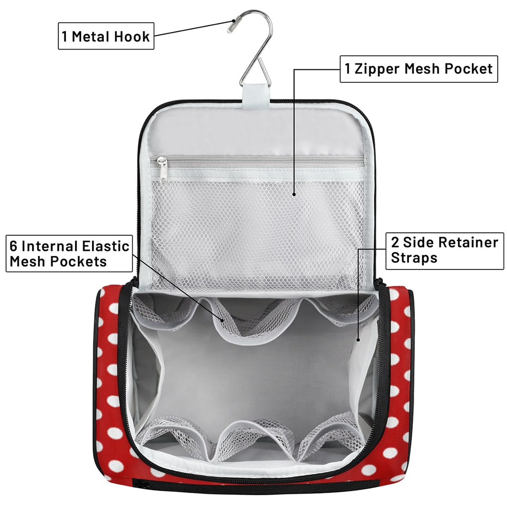 White Polka Dot Red Background Toiletry Bag for Women, Hanging Travel Toiletry Bag, Water-resistant Cosmetic Makeup Organizer for Toiletries and Cosmetics, Bathroom Shower Bag with Handle and Hook