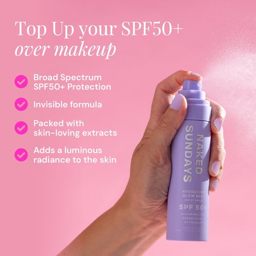 Naked Sundays SPF 50 Hydrating Glow Face Mist - Lightweight Daily Sunscreen & Makeup Setting Spray with Hyaluronic Acid, 75ml