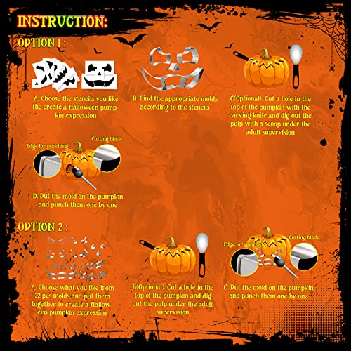Kids Safe Pumpkin Carving Kit with Stainless Steel Tools & Stencils for Halloween DIY