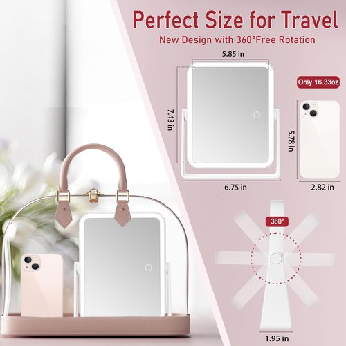 DESCHEN Rechargeable Travel Lighted Makeup Vanity Mirror with Lights and Magnification, Portable 10X/1X Magnifying Led Desk Mirror Makeup with 3 Color Light