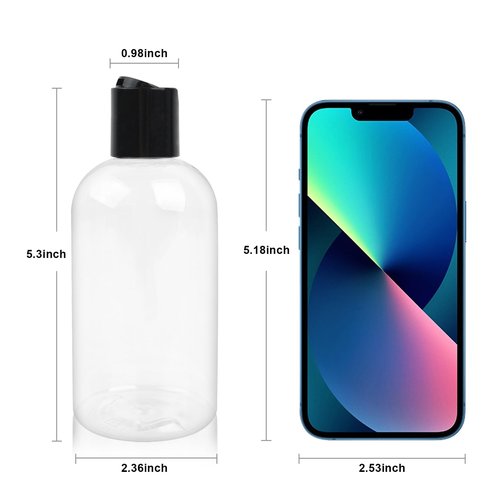 Neendohome 6 Pack 8 oz Empty Plastic Bottles with Black Disc Caps Reusable Clear Leak-Proof Travel Squeeze Containers for Shampoo Conditioner Toiletries Liquid Soap