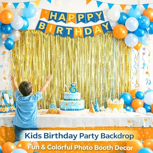 Gold Tinsel Foil Fringe Curtains - 2 Pack, 3.28 ft x 6.6 ft Party Backdrop