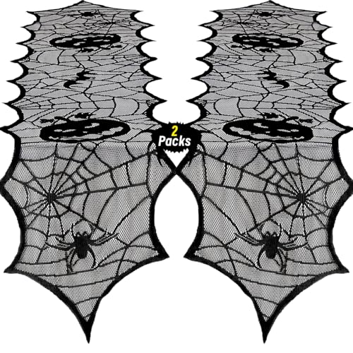 Halloween Table Runners Black Pumpkin Web Lace 18x72 Inch 2 Pack - Spider Web Design
