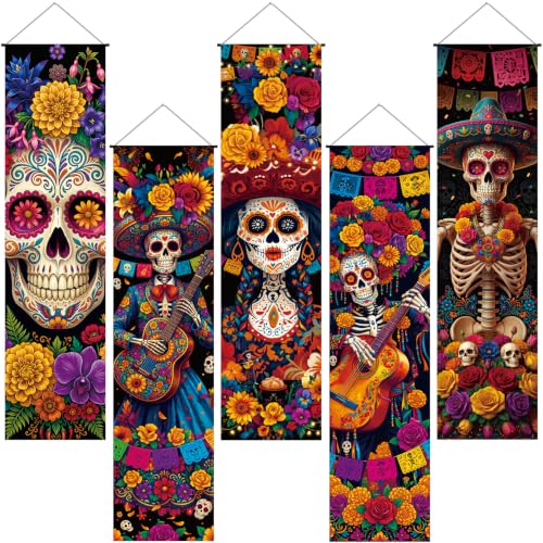 Day of the Dead Banner Set - 5 Pcs Dia De Los Muertos Halloween Decor with Sugar Skull Art & Papel Picado - Variation of 5 / Day of the Dead