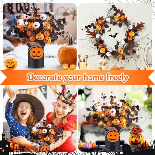 Halloween Decor Set with Artificial Pumpkins, Eyeballs, Eucalyptus Stems & String Lights - Halloween Centerpieces for Indoor Home Party - Variation of Halloween Decor