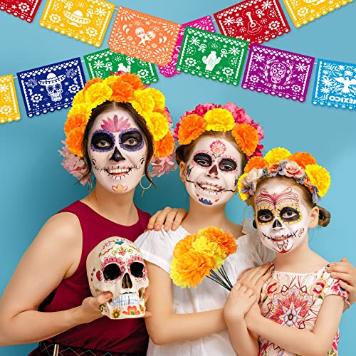 Mexican Party Decorations Set with Marigold Flowers & Banners - Orange & Yellow - Dia De Los Muertos & Fiesta Decor