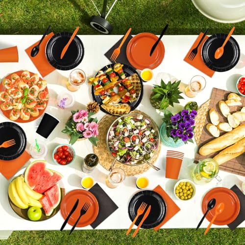 350Pcs Orange and Black Party Supplies Set for 50 Guests | Disposable Tableware Kit