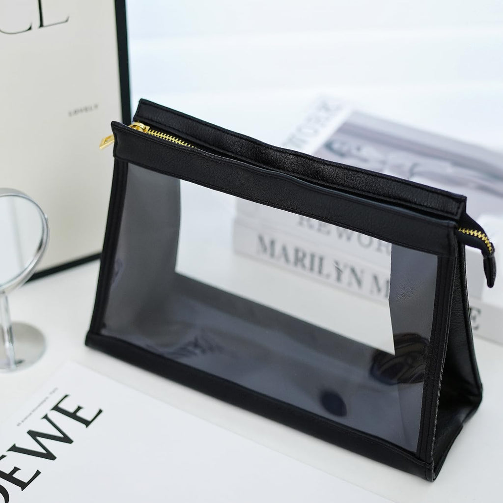 Women Travel Toiletry Bag Make Up Bag Cosmetic Essentials Transparent Makeup Wash Pouch 2 pcs (Transparent, Black)