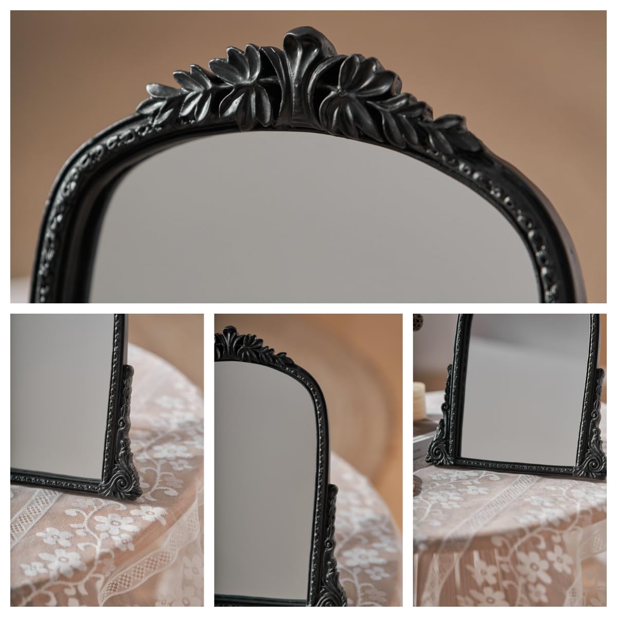 Vintage Black Vanity Makeup Mirror, Antique Arch Table Mirror with Carved Resin Frame, Small Standing Mirror for Bedroom, Living Room, Tabletop (13.2" x 12.8")
