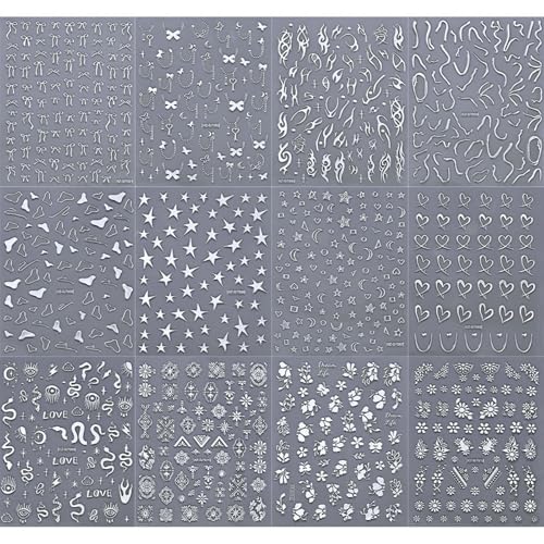 Silver Nail Art Stickers - 12 Sheets 3D Self-Adhesive Manicure Decals Style25