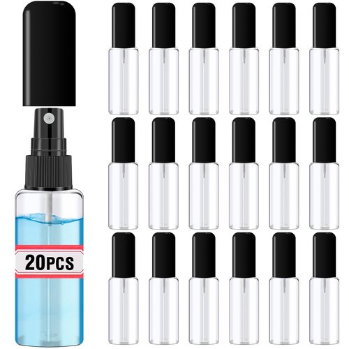 DupakSYS 20 Pack 2oz/55ml Plastic Spray Bottles Mini Travel Spray Bottle with Black Cap Empty Fine Mist Spray Bottles Refillable Liquid Container for Perfumes Travel Makeup